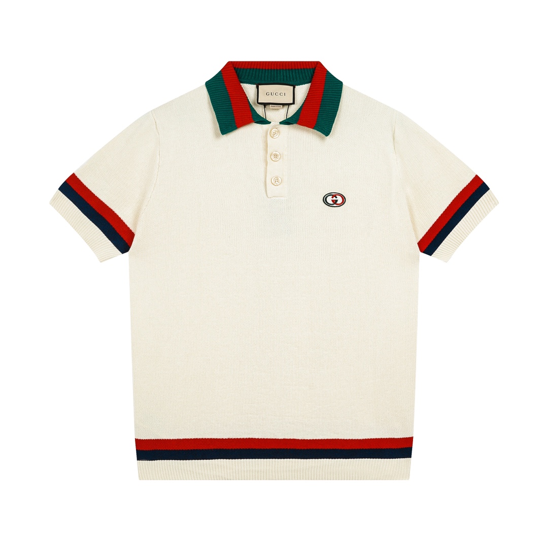 Gucci Clothing Polo T-Shirt Blue Red White Embroidery Unisex Cotton Knitted Knitting Short Sleeve