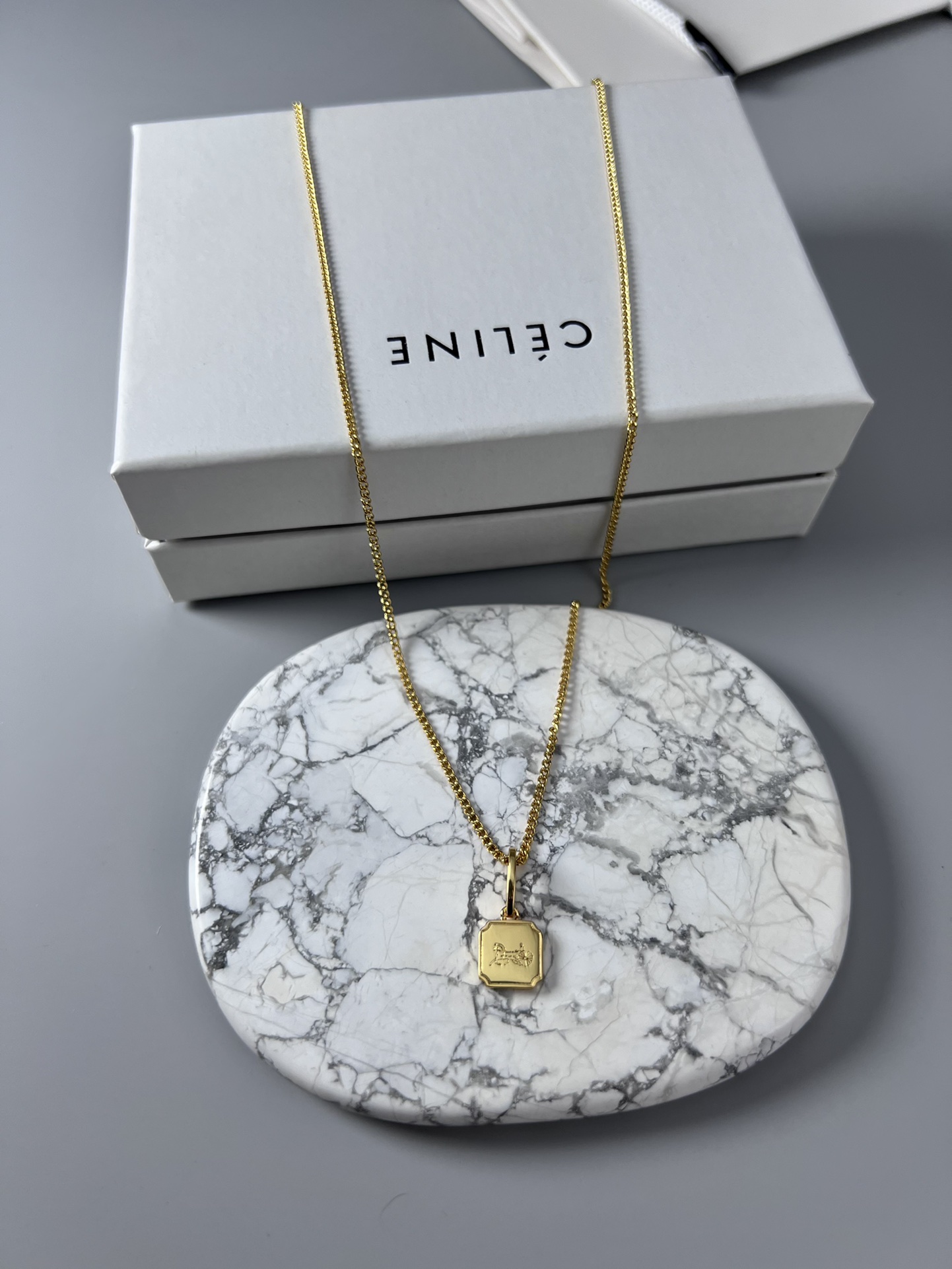 Celine Sulky Carriage Square Pendant Necklace necklace gold-tone metal no accent stones 45cm with 5cm extender