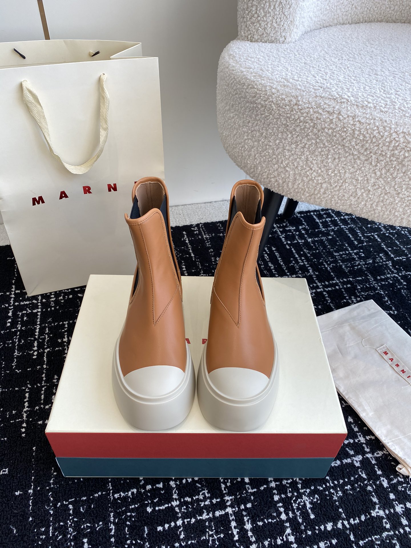 Marni Chelsea Short Boots: Elastic Tech Knit, Leather Shoe Pad, Full-Skinned Calves.