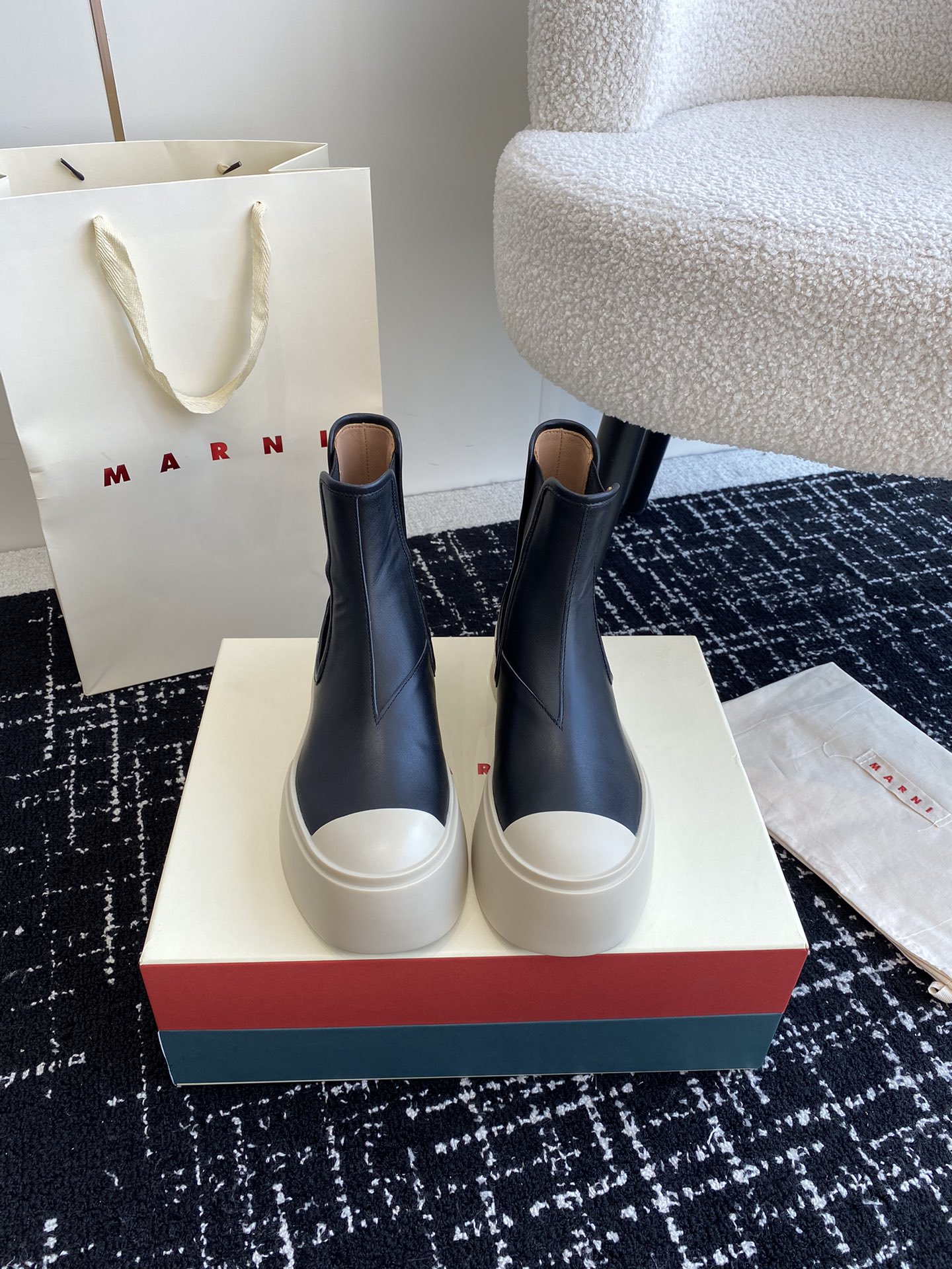 Marni Chelsea Short Boots: Elastic Tech Knit, Leather Shoe Pad, Full-Skinned Calves.