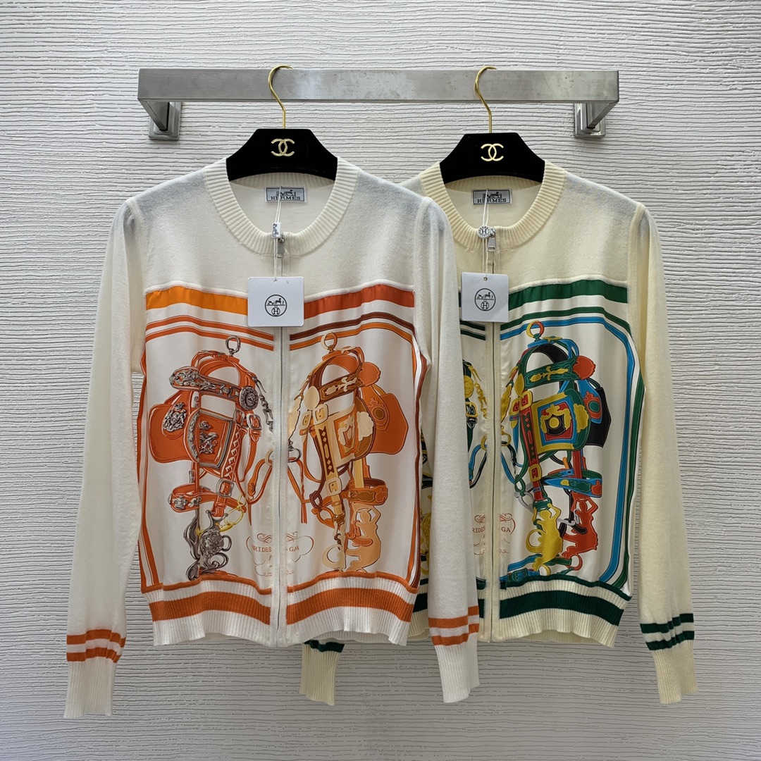 Hermes Clothing Cardigans Coats & Jackets Shirts & Blouses Green Printing Knitting Silk Wool Fall/Winter Collection Long Sleeve