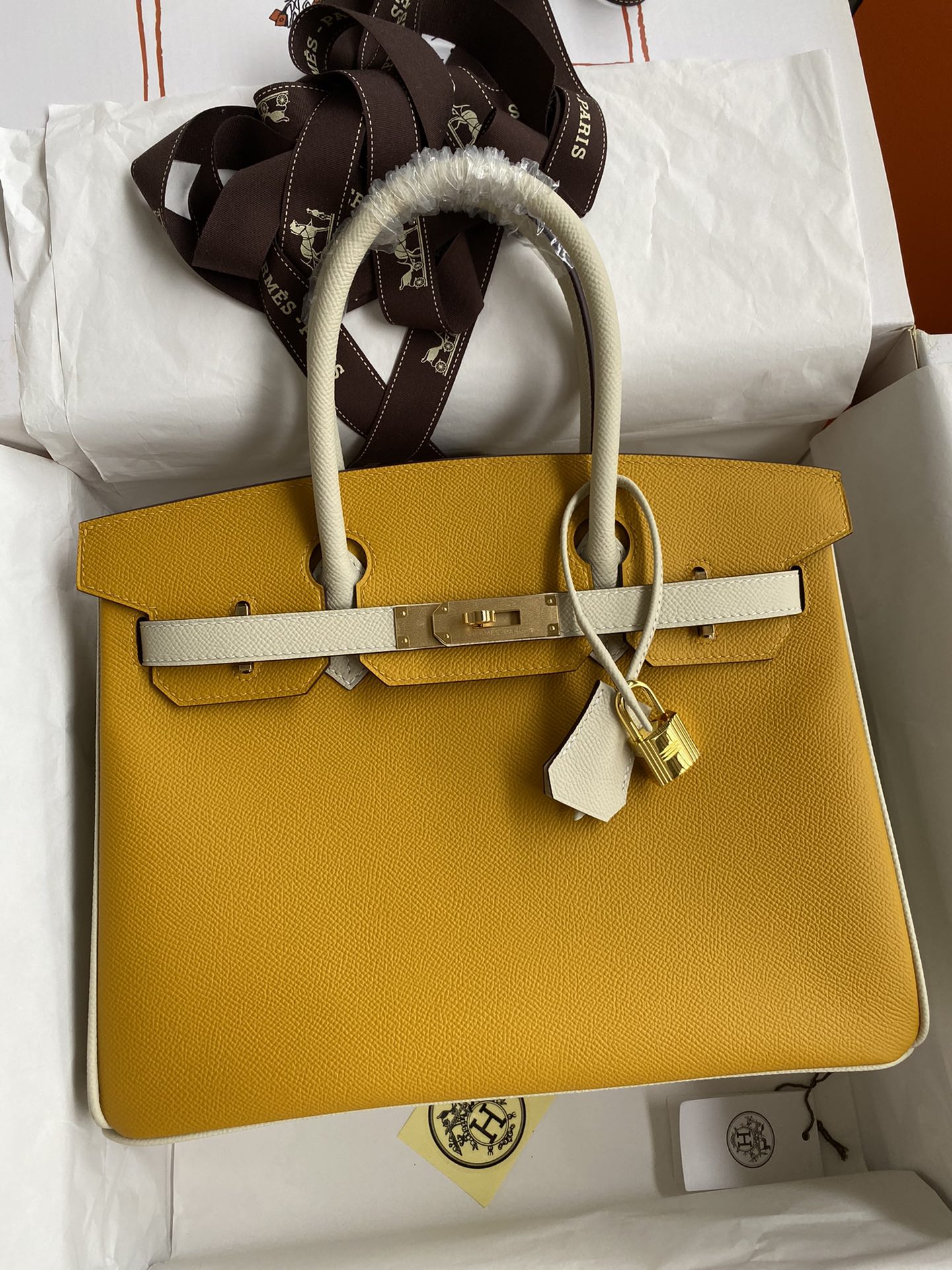 Hermes Birkin Sacos Bolsas Amarelo Âmbar Batido Branco Hardware Dourado Epsom