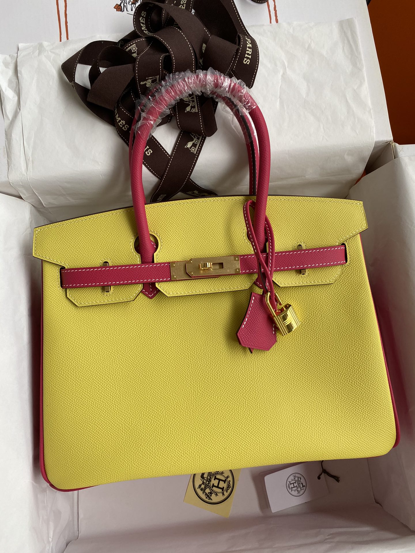 Hermes Birkin Sacos Bolsas Amarelo Limão Vermelho Hardware Dourado Epsom