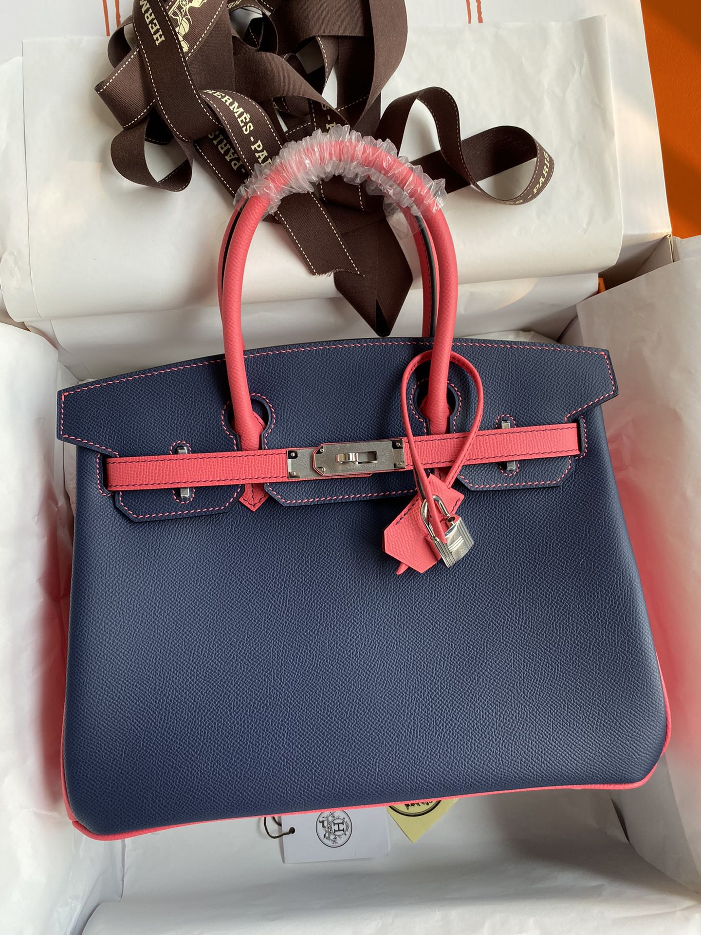 Hermes Birkin Sacos Bolsas Azul Escuro Rosa Hardware Prata Epsom