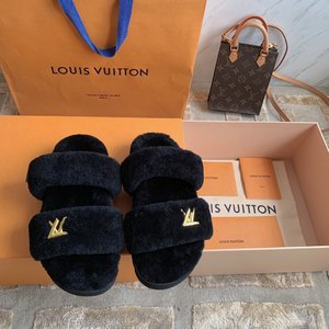 Louis Vuitton Shoes Slippers Replica Shop Gold Hardware Sheepskin Wool Sunset