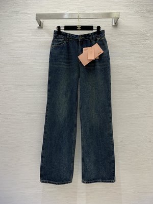 MiuMiu Clothing Jeans Pants & Trousers Blue Embroidery Gold Hardware Fall/Winter Collection Wide Leg