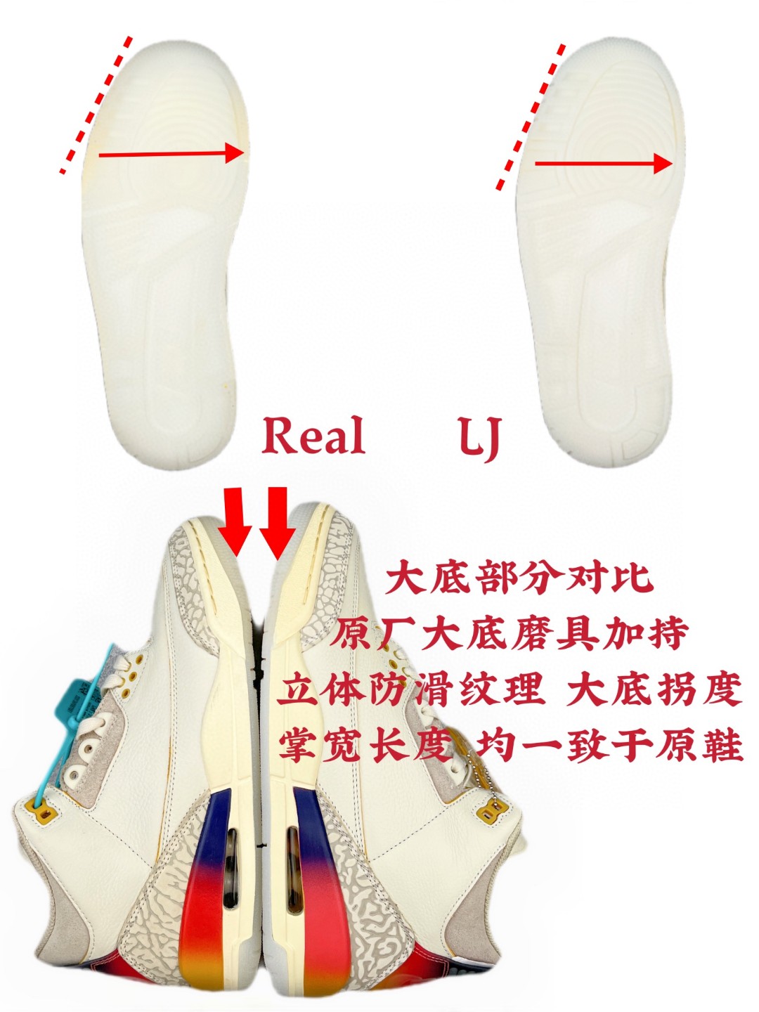 图片[7]-【渠道LJ版】J Balvin x Air Jordan AJ3 联名白蓝红 彩虹渐变 FN0344-901  目前市场最推荐的产品 市场唯一正确批次 亲自操刀耗时半年巨作 超合理的单价 拒绝高利润 全套原纸板楦头开发 原厂大底磨具加持立体防滑纹理 原装可视Air Sole气垫 原汁原味最完美的三代版型 唯一正确鞋头趴度弧度高度鞋身腰线 原厂TPU彩虹扎染后跟饰片 正确内里反口里网布 皮料菱角分明不变形无多余毛边 广东原厂zp同批次手工大底描漆拉丝 市场唯一原厂鞋扣模具 原厂织唛标 原厂飞人电绣工艺 尾指中部跳三针 独家绑鞋带手法 印刷中底布 四线拉帮 米色美纹纸贴合固定 进口港宝加持 后跟自然饱满 全鞋荧光划线卡点 追求极致完美 每一双都是工艺品 多重QC质检 超越公司货的品控标准 实实在在的免检产品  尺码：40 40.5 41 42 42.5 43 44 44.5 45 46 47.5 48.5-莆田鞋批发中心