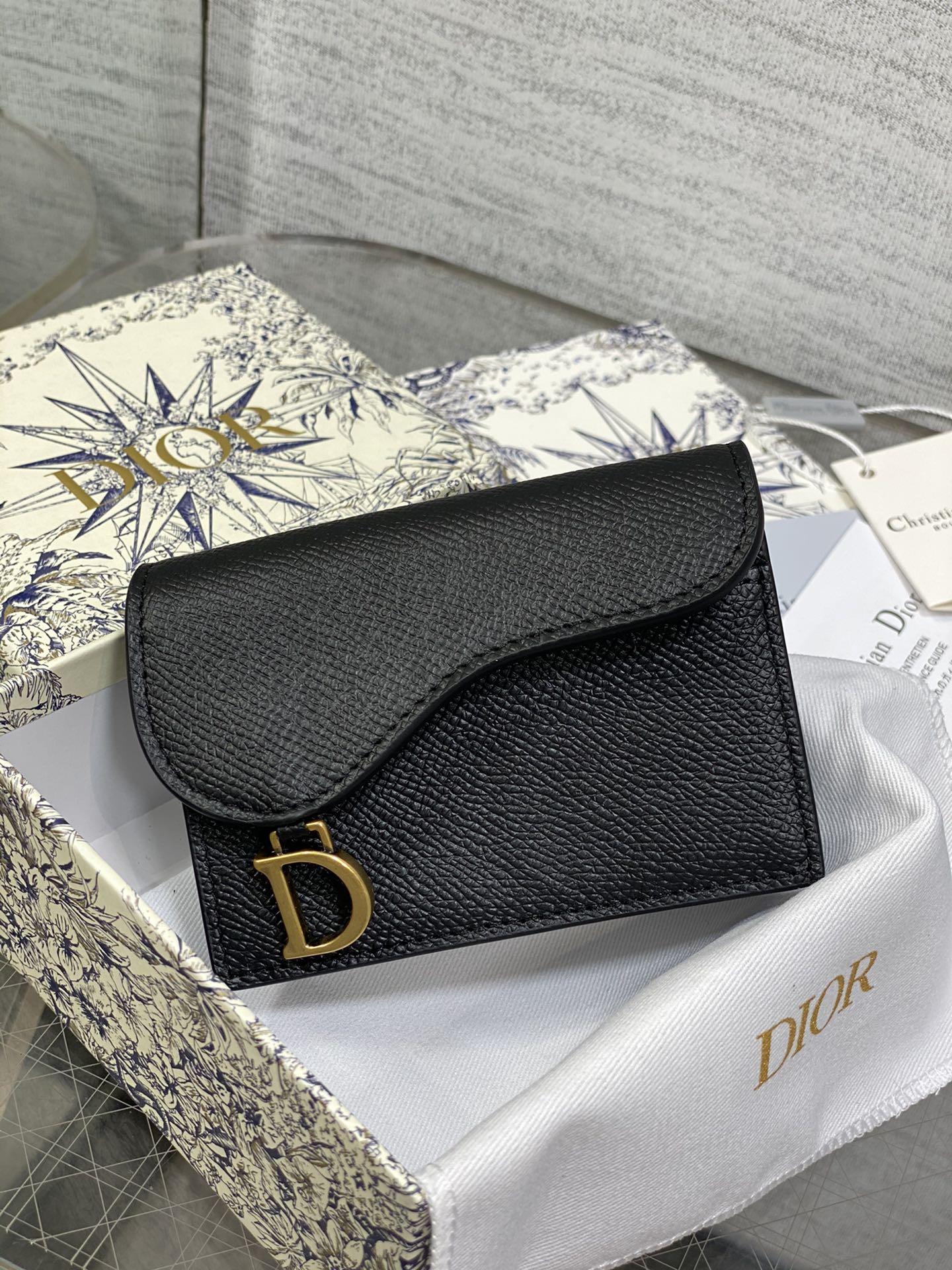 Dior Card Holder Business Card Holder Coin Purse Grained Leather D Logo Metal Buckle