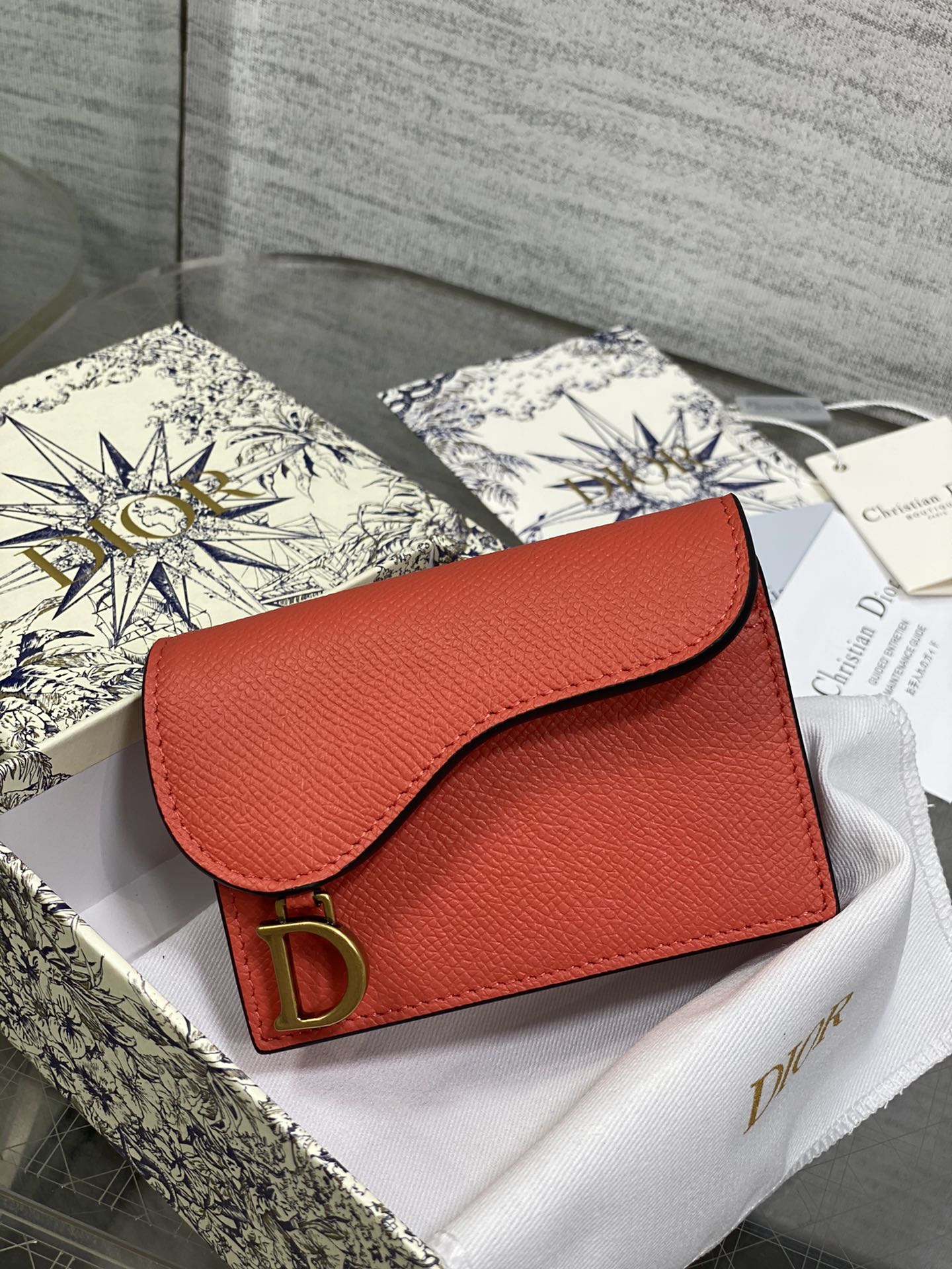Dior Red Grained Leather D Letter Flap Card Holder Coin Purse
