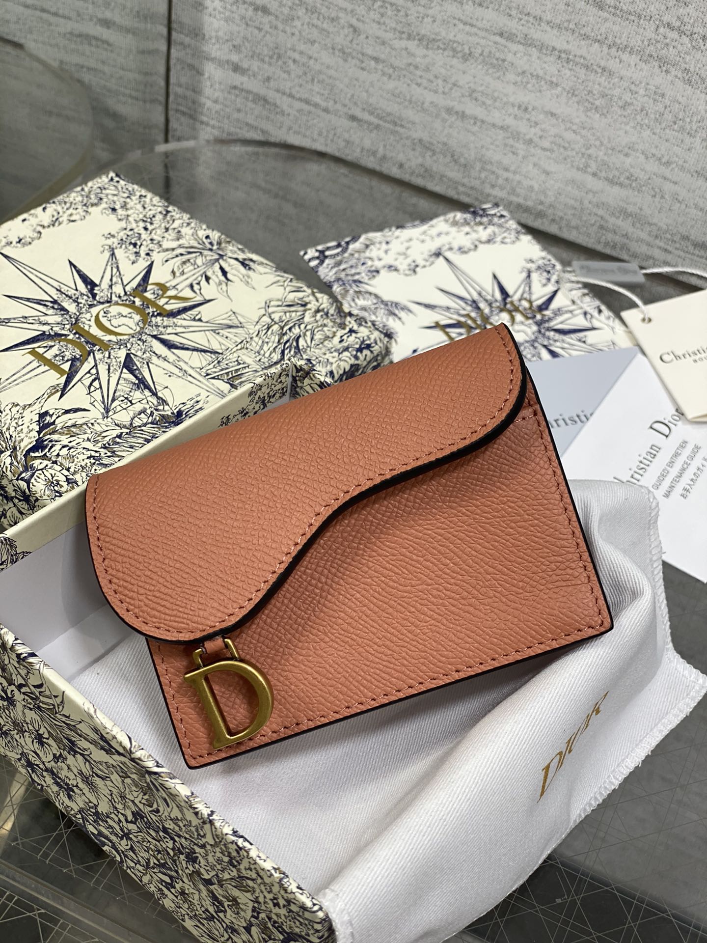 DIOR Card Holder Business Card Holder Coin Purse Grained Leather Metal D-Buckle
