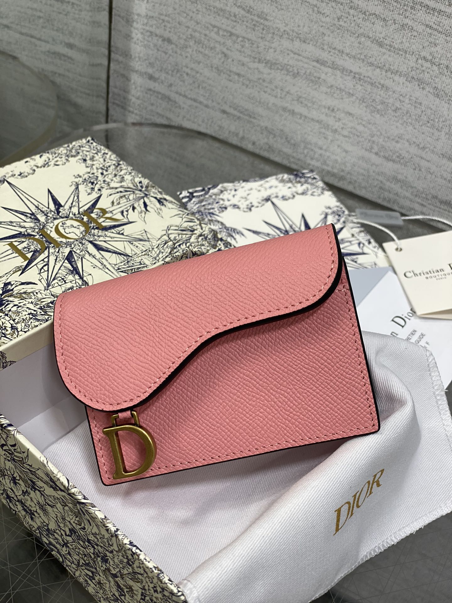 Dior Pink Leather Flap Card Holder Business Card Case Coin Purse