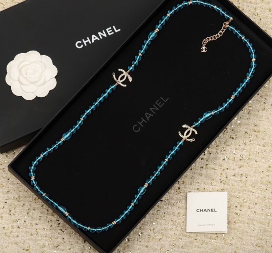 Chanel Glass Bead Necklace with Double C Logo Pendant, Blue 1 Chanel Glass Bead Necklace with Double C Logo Pendant, Blue