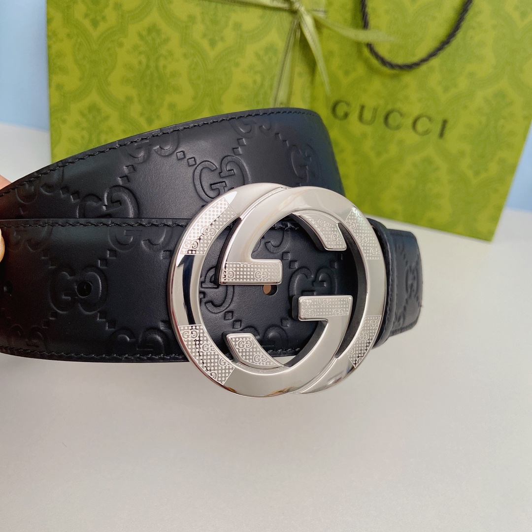 Gucci古奇双面原厂小牛皮压花搭配精品钢扣腰带专柜规格3.8cm