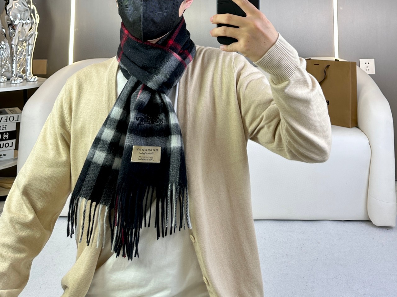 Burberry博柏利 刺绣战马 羊绒格纹围巾