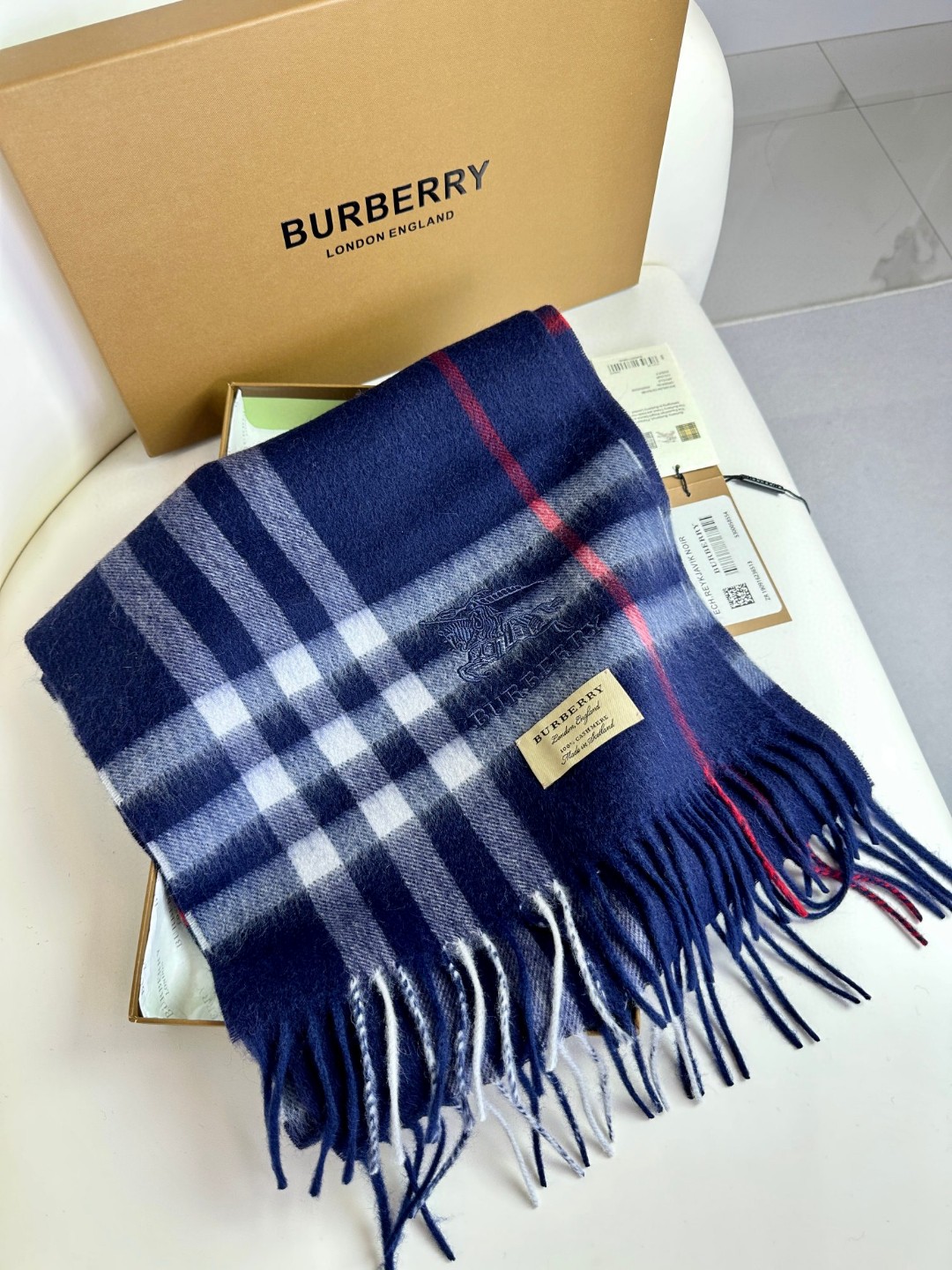 Burberry博柏利 刺绣战马 羊绒格纹围巾