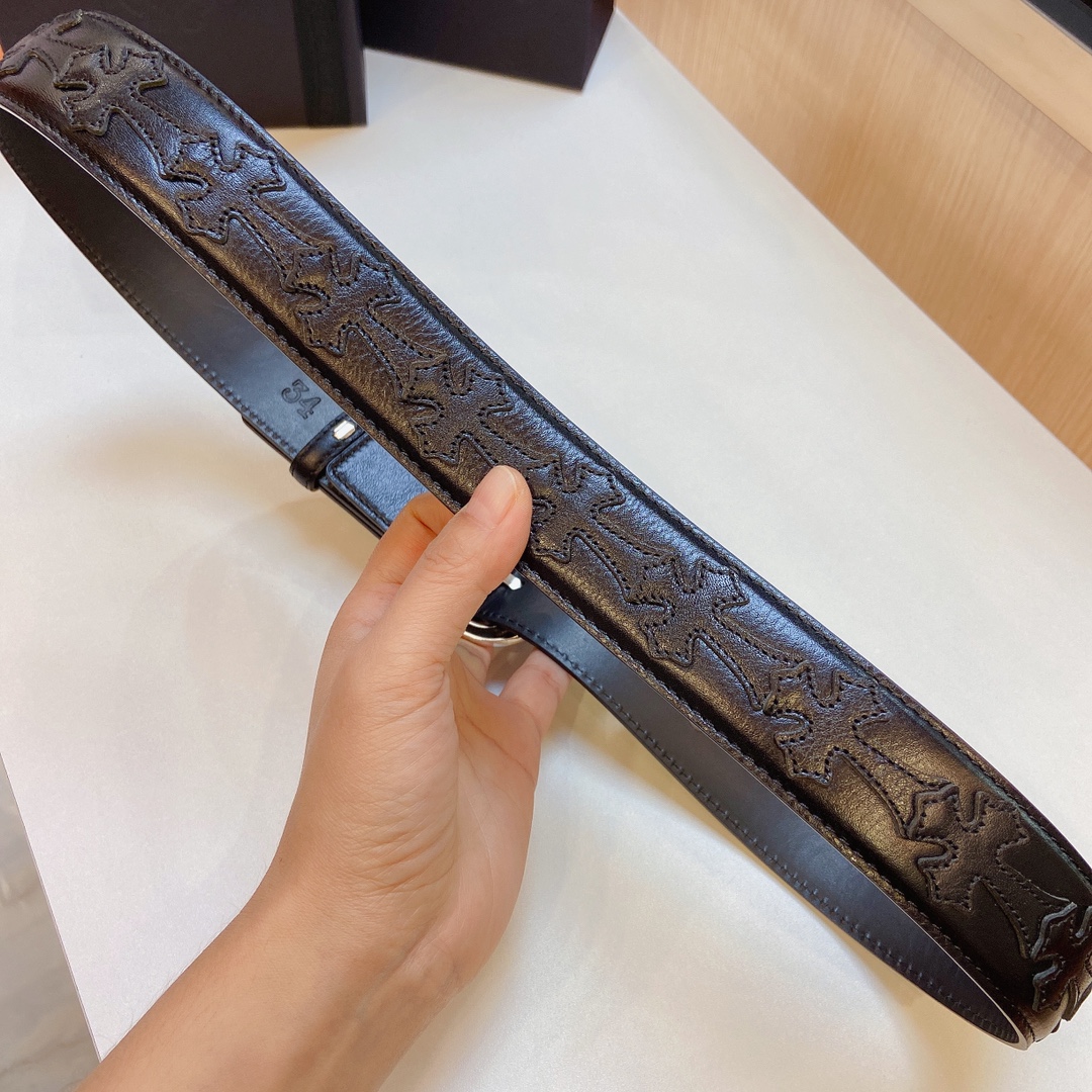 克罗心 镀银s925精品铜扣搭配树膏皮拼接黑色十字皮带