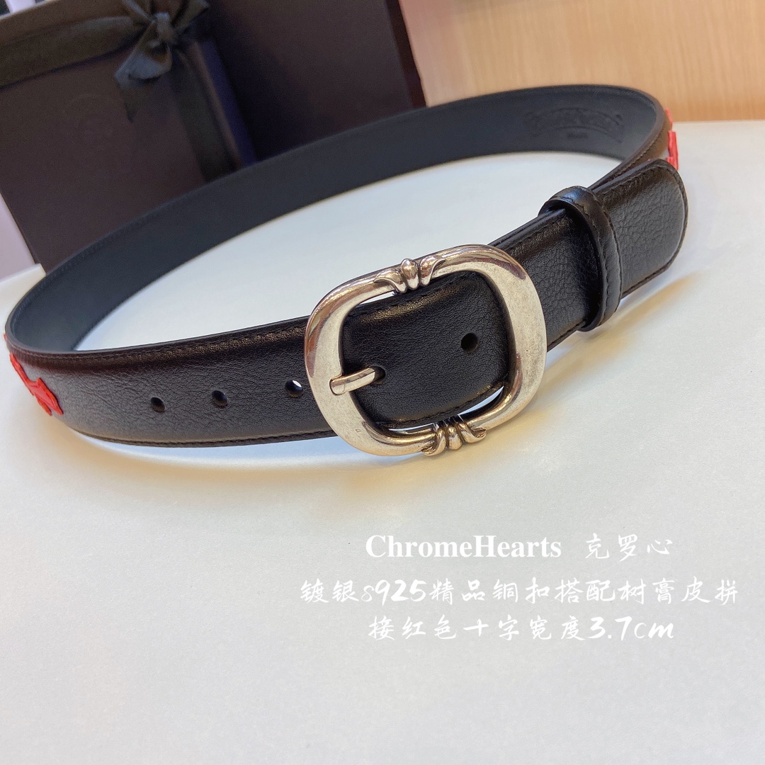 克罗心 镀银s925精品铜扣搭配树膏皮拼接红色十字皮带