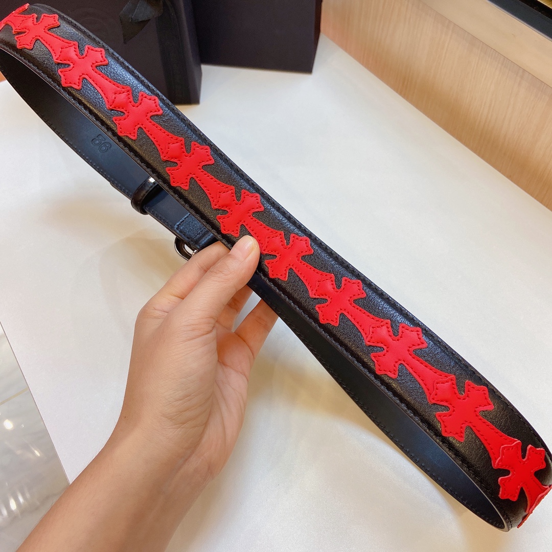 克罗心 镀银s925精品铜扣搭配树膏皮拼接红色十字皮带