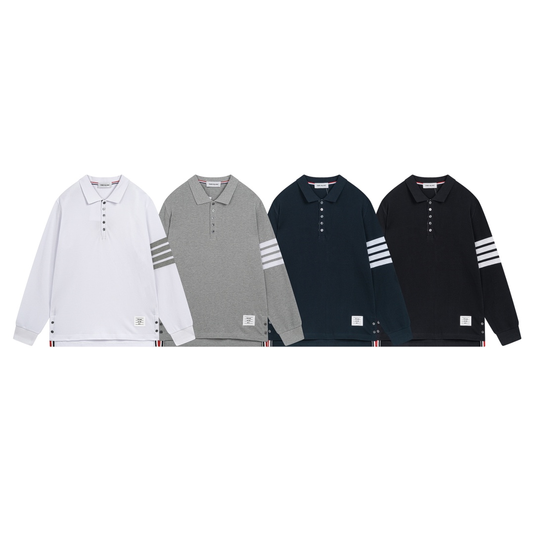 Thom Browne Clothing Polo Black Blue Brown Dark Grey Red White Unisex Cotton Long Sleeve