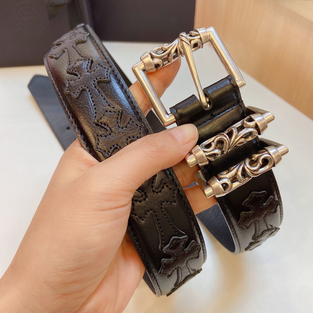 克罗心 旋转滚轮皮带镀银s925精品铜扣搭配树膏皮拼接黑色十字