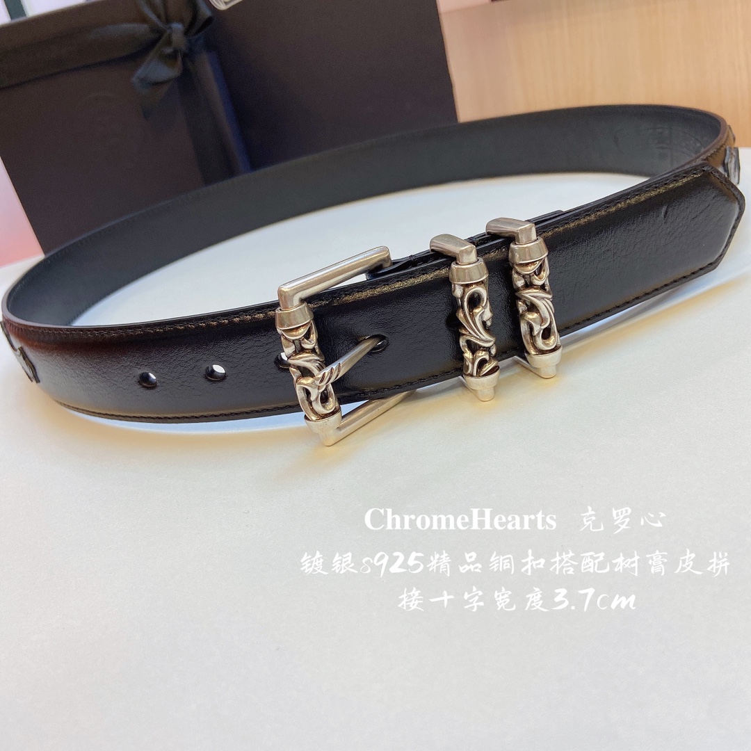 克罗心 旋转滚轮皮带镀银s925精品铜扣搭配树膏皮拼接黑色十字