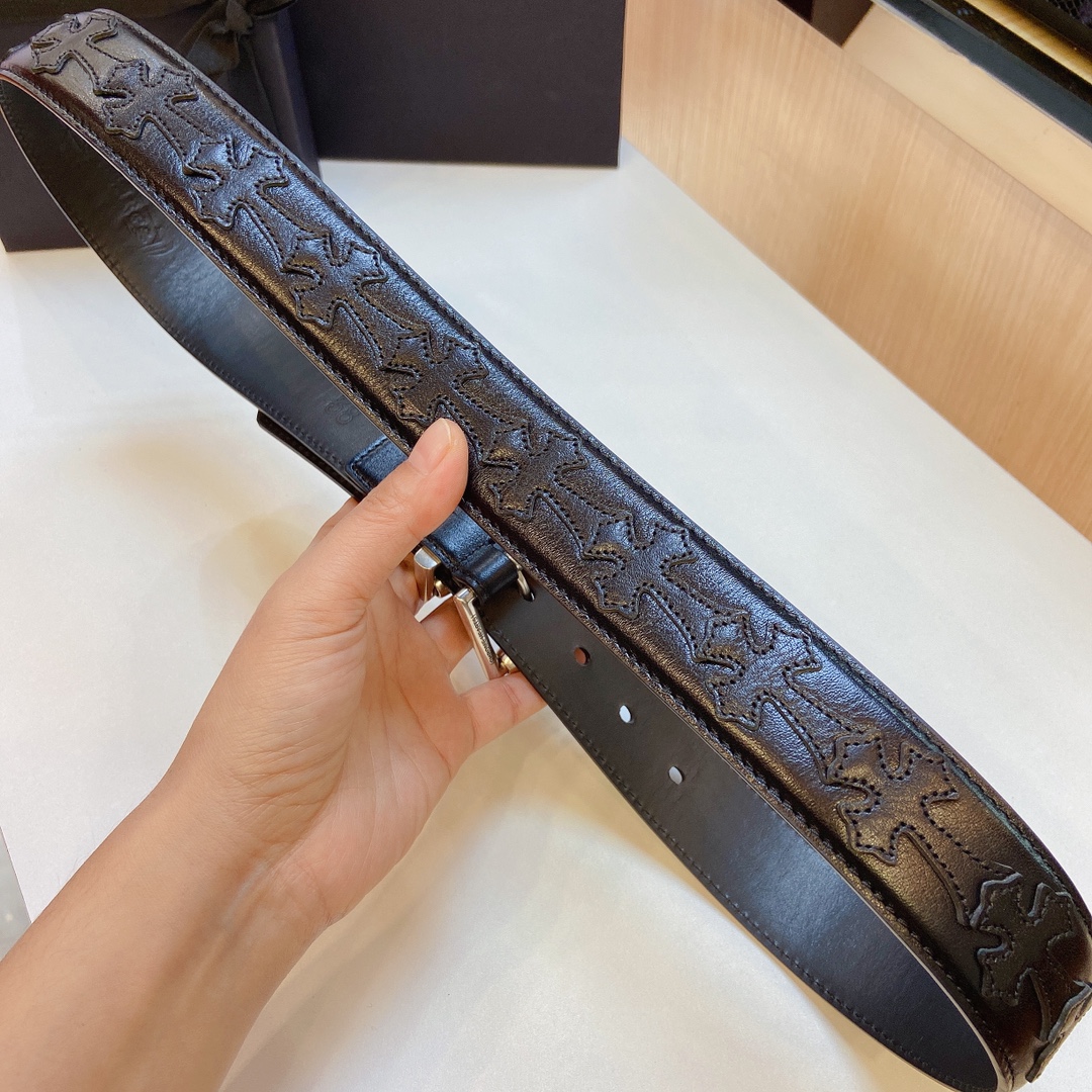 克罗心 旋转滚轮皮带镀银s925精品铜扣搭配树膏皮拼接黑色十字