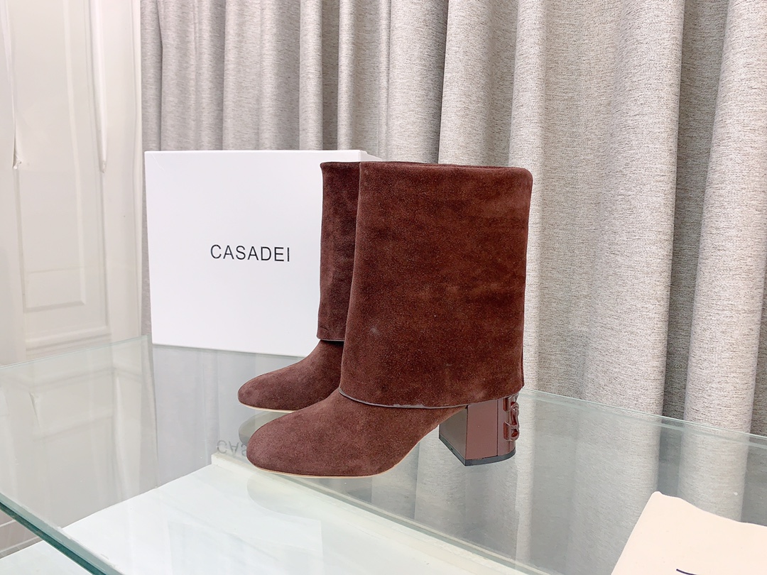 Italian Imported Real Leather Short Folded Boots with 7cm Heel – Size 35-39