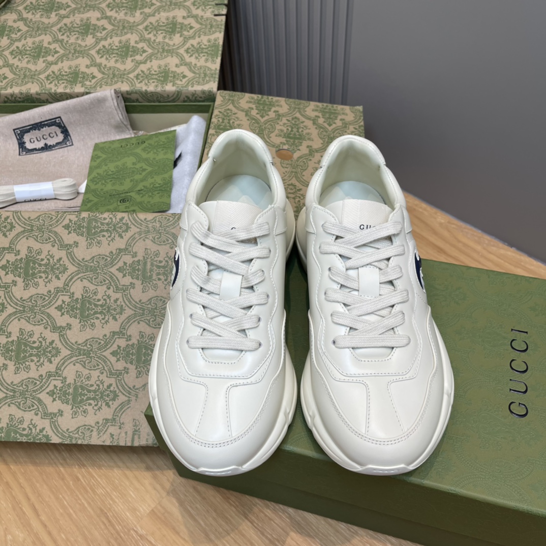 GUCCI 老爹鞋 白色 皮革 系带 低帮