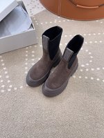 Brunello Cucinelli Short Boots Beige Grey Khaki Women Chamois Rubber Sheepskin Casual HD00460
