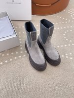 Brunello Cucinelli Short Boots Beige Grey Khaki Women Chamois Rubber Sheepskin Casual HD00460