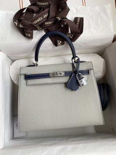 Hermes Kelly Designer Handbags Crossbody & Shoulder Bags Blue Grey Silver Hardware Goat Skin Sheepskin