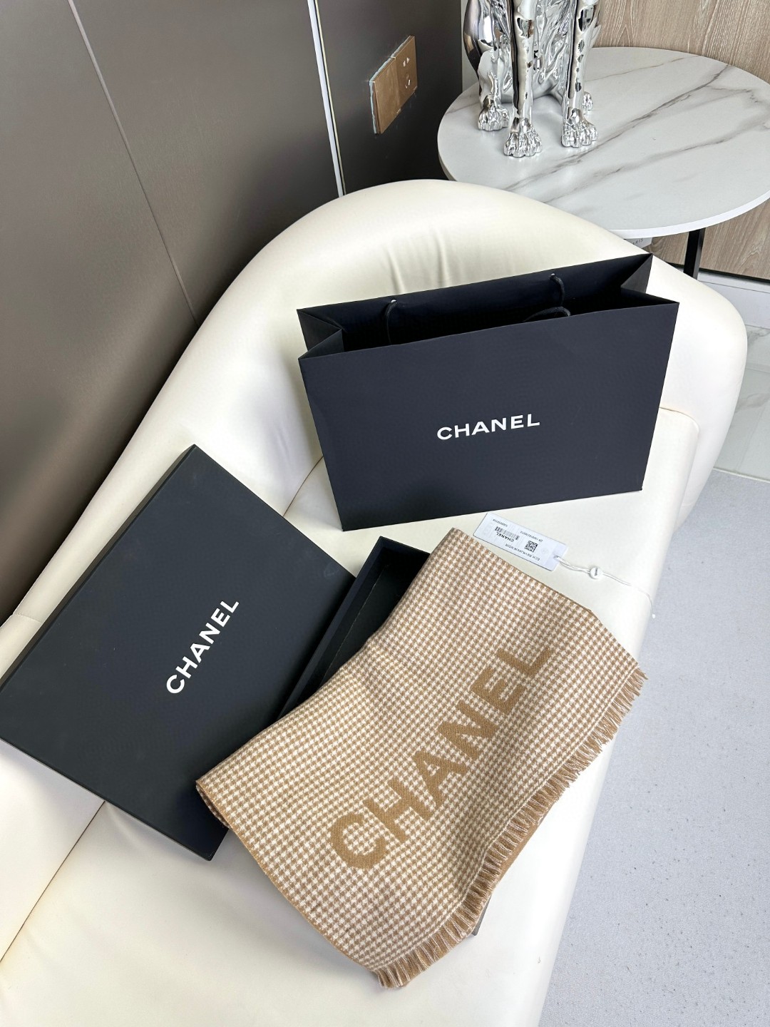 CHANEL 香奶奶尾单新款23B千鸟格拼色羊绒围巾