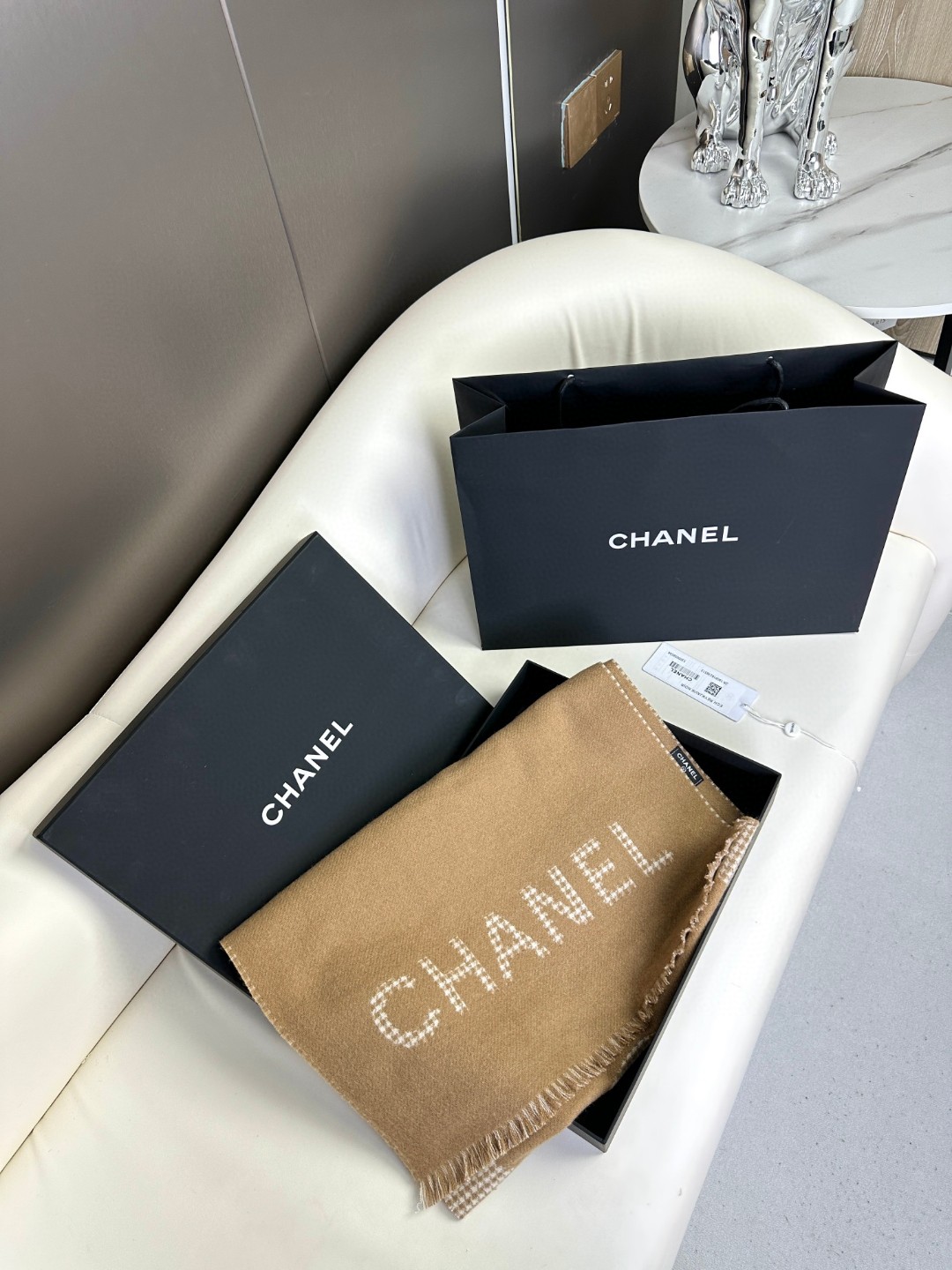 CHANEL 香奶奶尾单新款23B千鸟格拼色羊绒围巾