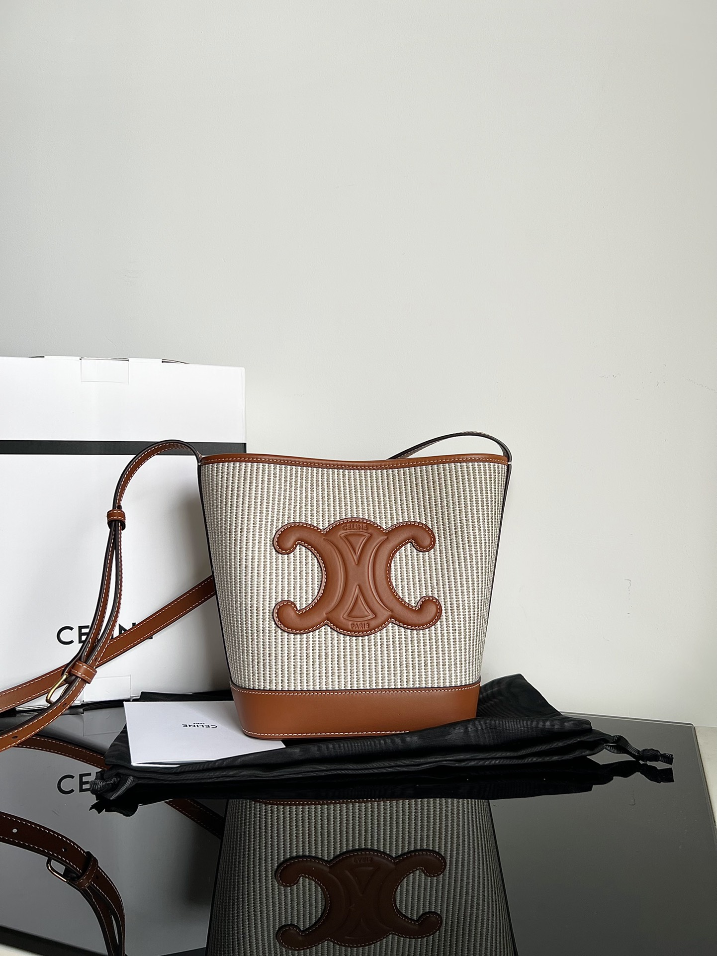 Celine inspection grade CUIR TRIOMPHE knitted striped fabric bucket bag, size: 17
