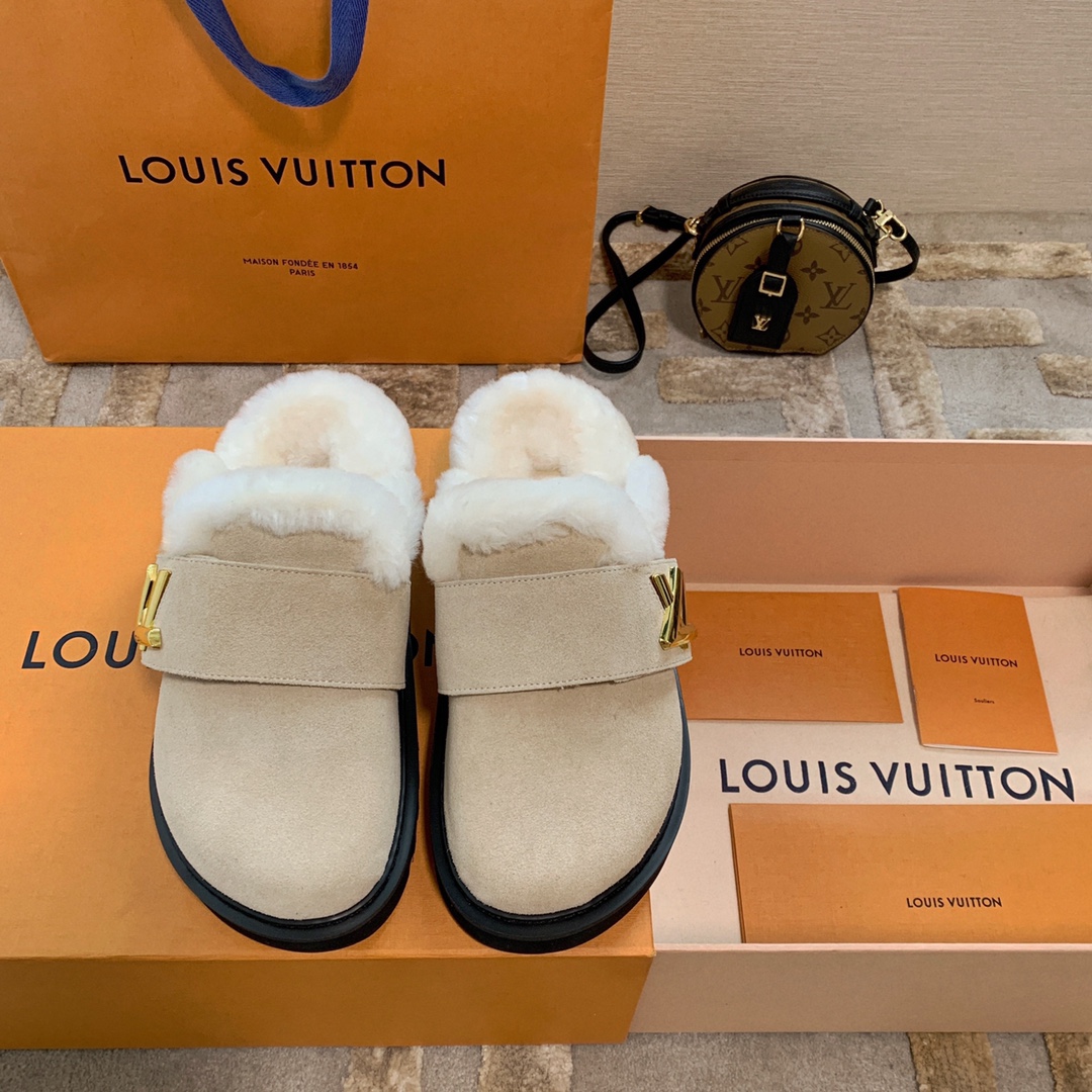 Louis Vuitton Shoes Half Slippers Gold Hardware Sheepskin Wool Cosy