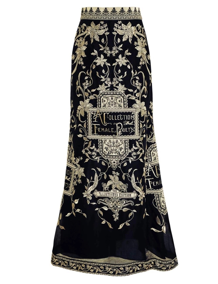 （爆款补单出货）#B971 澳洲Zimmermann秋季高腰刺绣丝麻黑金半身裙颜色：黑色码数：0/S 1/M 2/L 3/XL