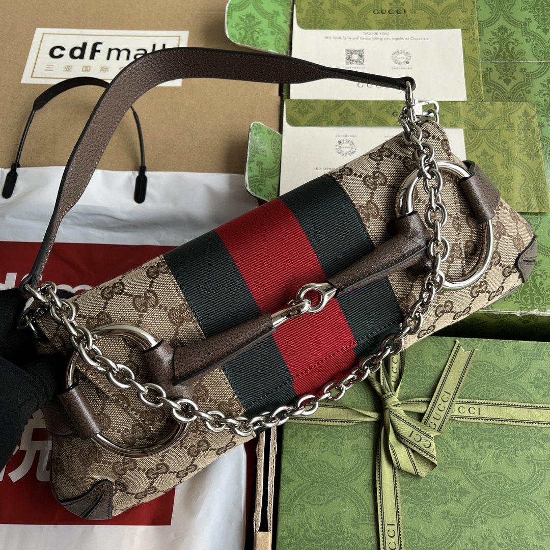 Gucci Horsebit Chain Beige GG canvas with brown leather and red-green web shoulder everyday