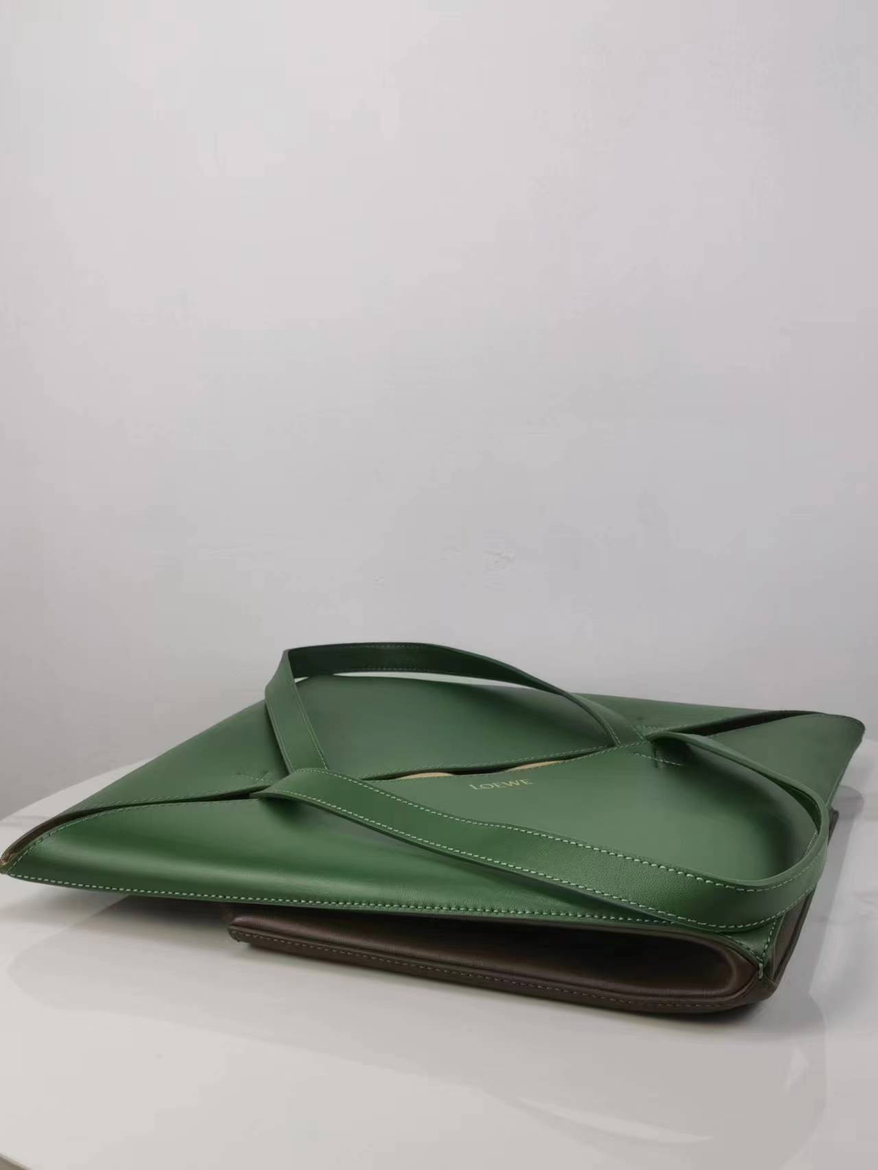 Loewe Puzzle Fold Large Tote Bag in Glossy Calfskin Leather, Green/Brown 10 i1697822560 4389 8