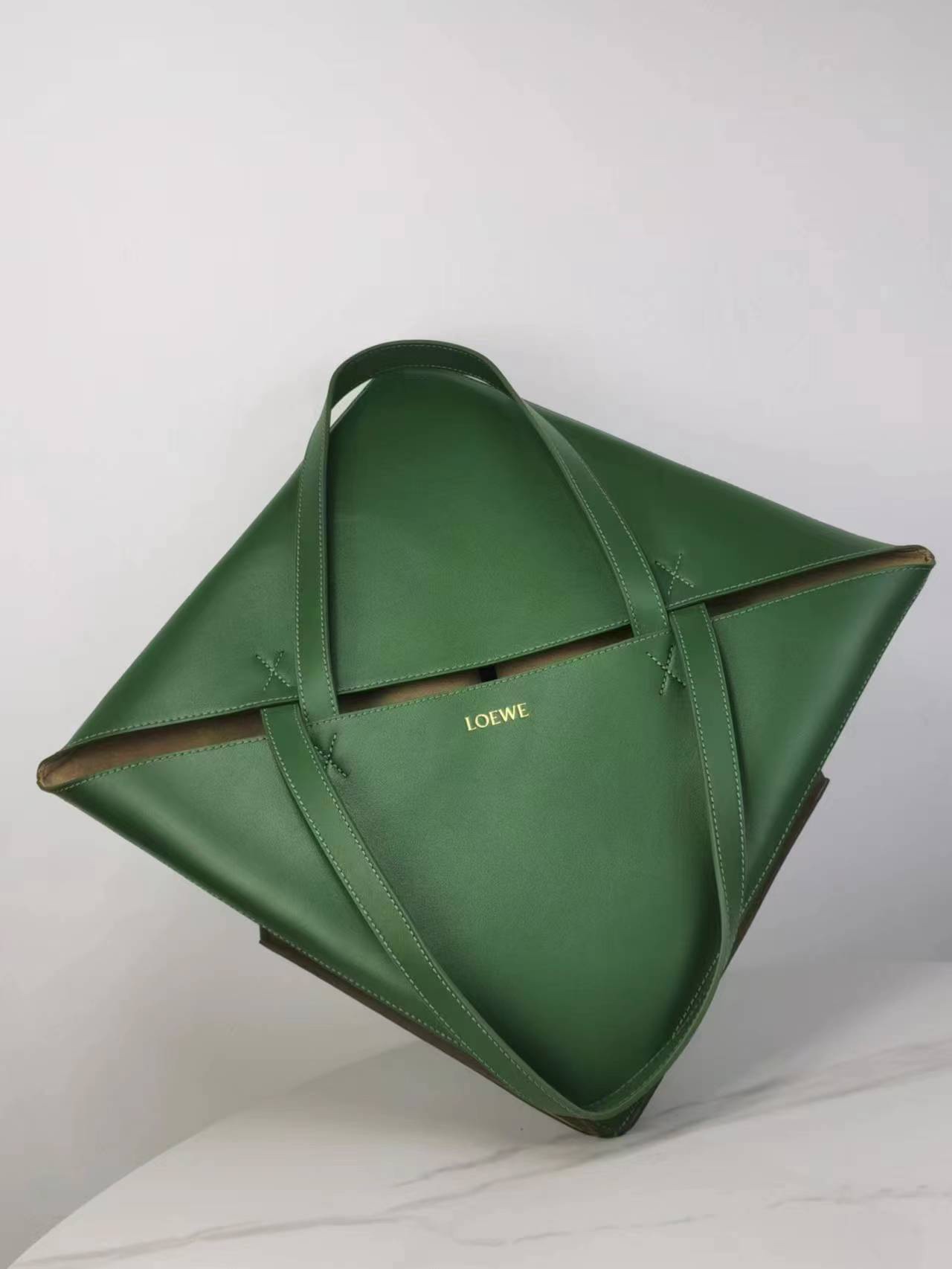 Loewe Puzzle Fold Large Tote Bag in Glossy Calfskin Leather, Green/Brown 6 i1697822560 8469 4