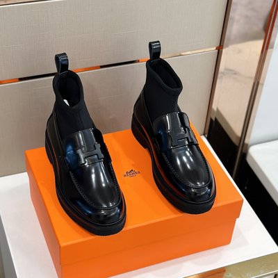 Hermes Casual Shoes Plain Toe Black Splicing Cowhide Fashion High Tops