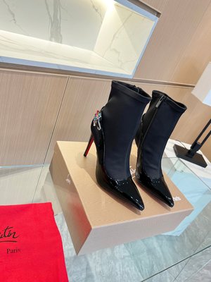 Christian Louboutin Short Boots Counter Quality Red Silver Genuine Leather Lambskin Patent Sheepskin Silk Fashion