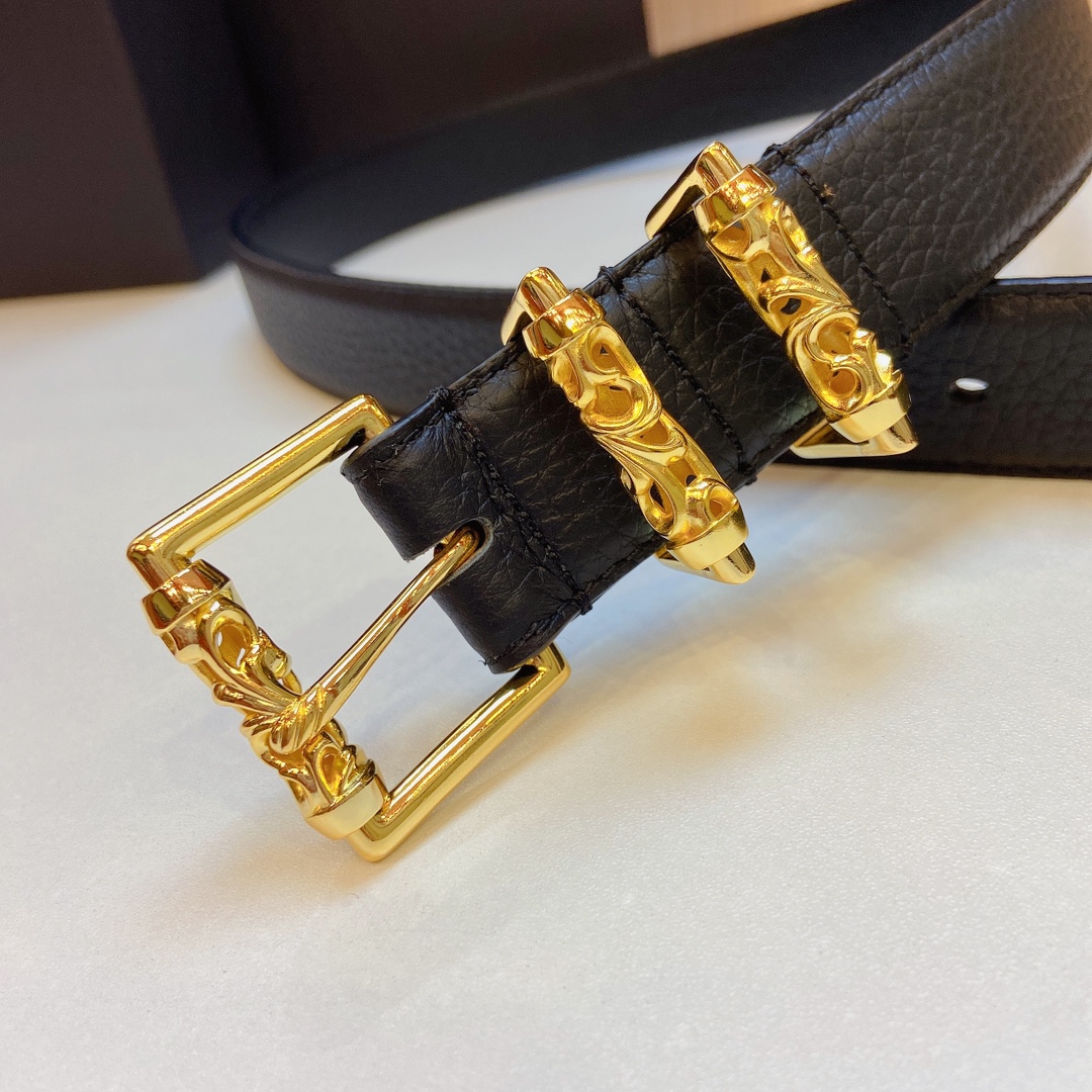克罗心旋转滚轮皮带固定款镀银s925精品铜扣搭配头层荔枝皮酷炫十足宽度3.0cm
