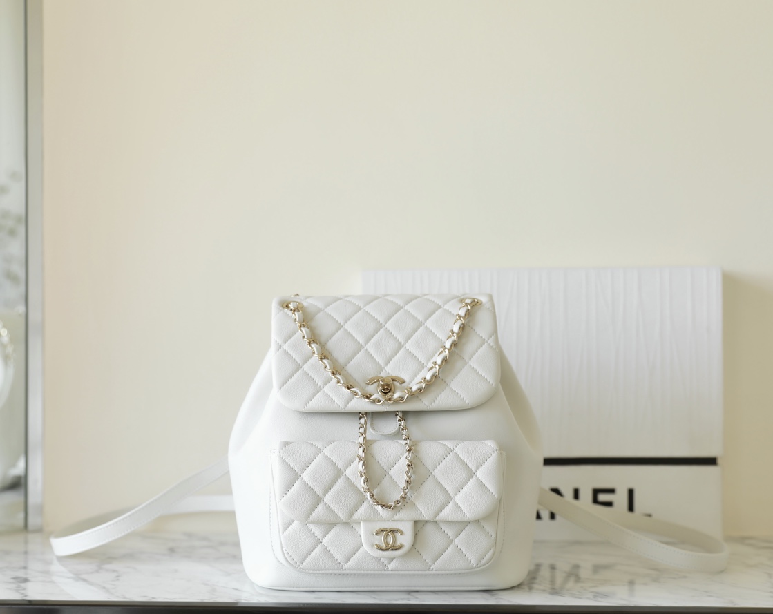 Chanel Duma Bags Backpack White All Steel Calfskin Cowhide Chains