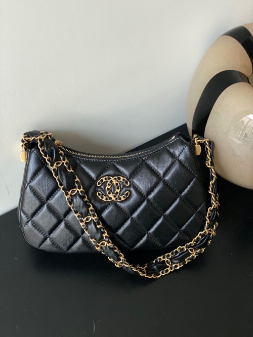 Chanel 23K Black Leather Shoulder Bag with Chain Strap, Small Size 1 Chanel 23K Black Leather Shoulder Bag with Chain Strap, Small Size