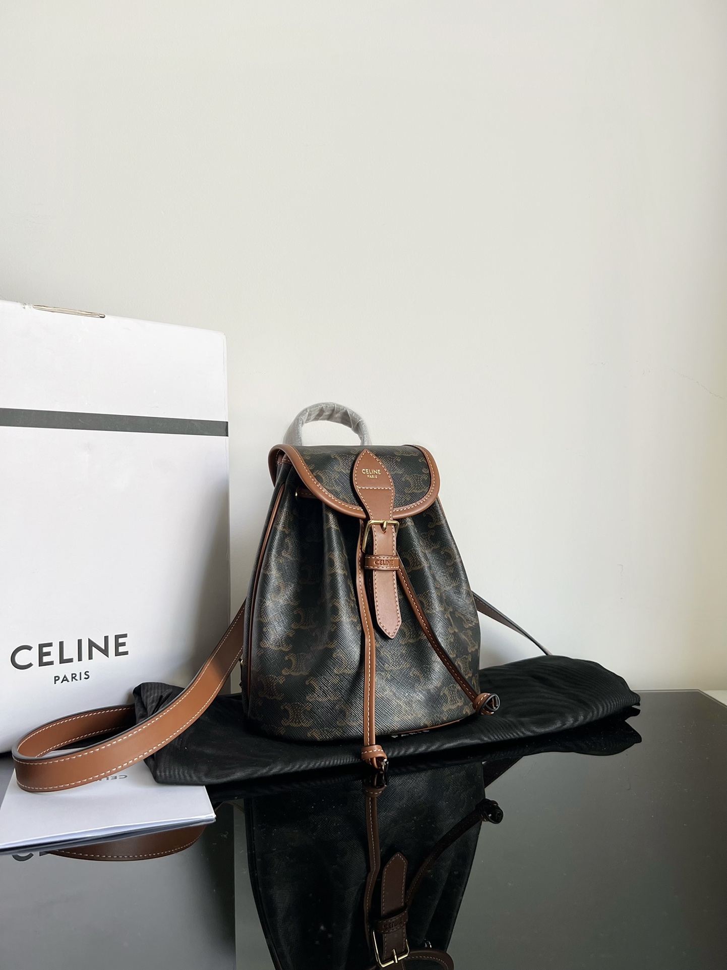 25 New Products First Edition Counter Celine CELINE FOLCO Logo Printed Cow Leather Mini Backpack, Presbyopic Backpack, Size: 17