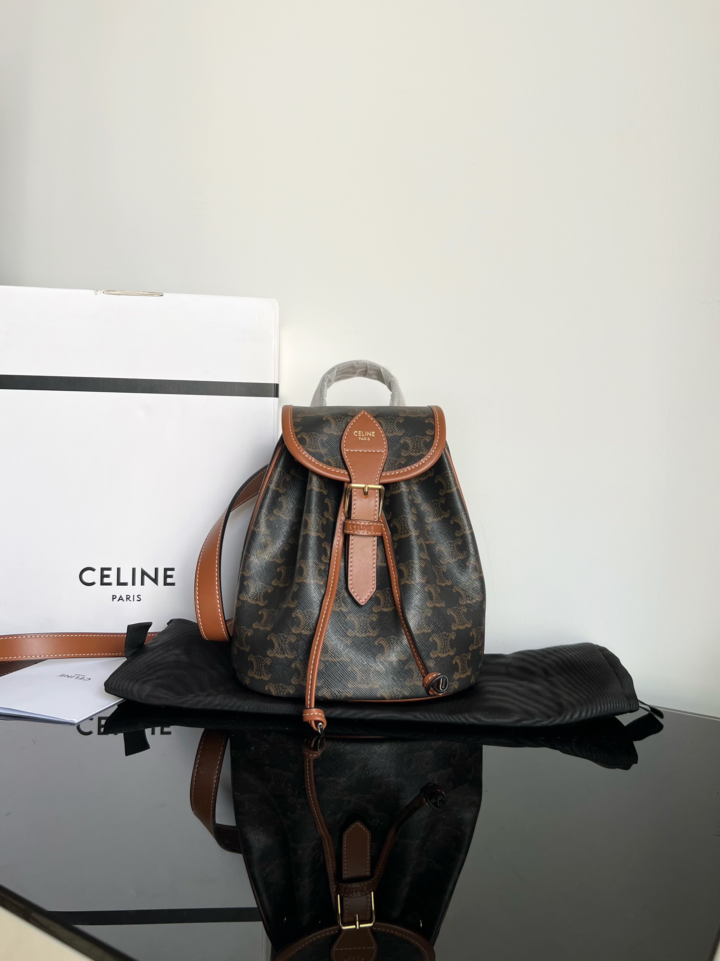 25 New Products First Edition Counter Celine CELINE FOLCO Logo Printed Cow Leather Mini Backpack, Presbyopic Backpack, Size: 17
