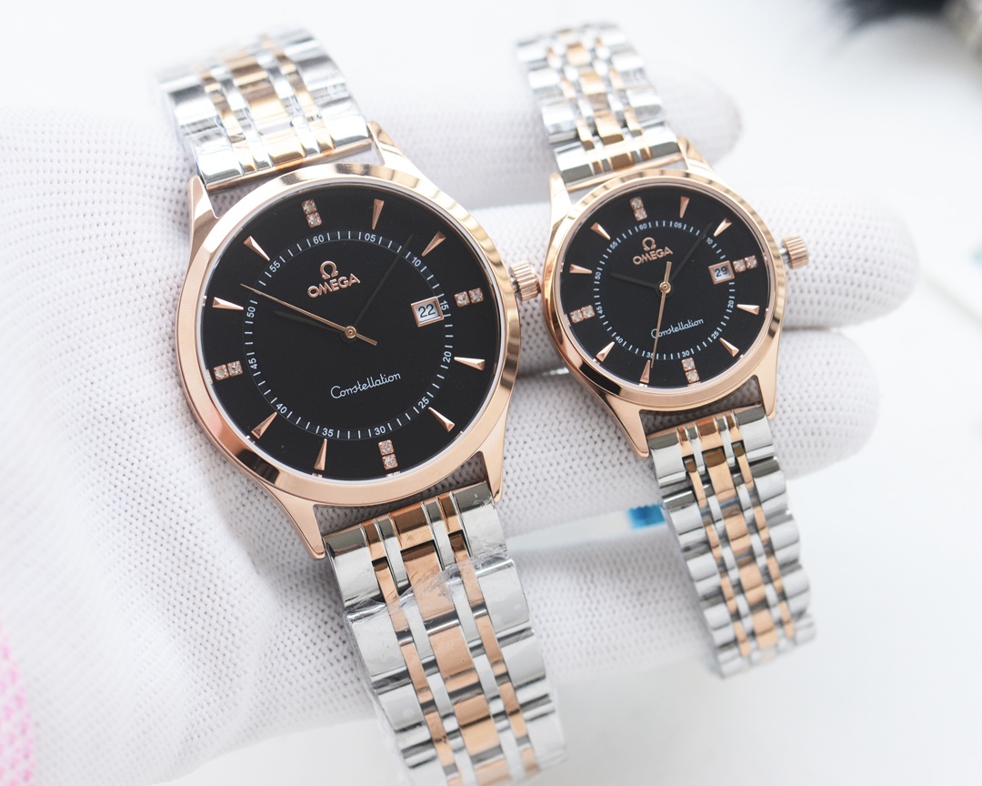 Omega-OMEGA Couple’s Wristwatch: White Shell, Gold Shell, Steel Strap 🏅