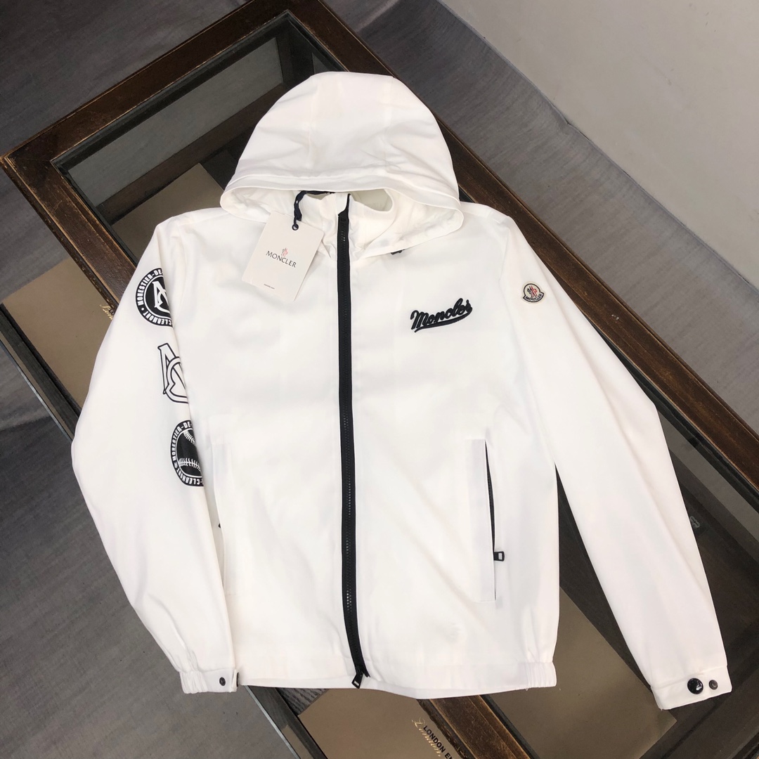 Moncler Clothing Coats & Jackets Windbreaker Black White Embroidery Spring/Fall Collection Fashion