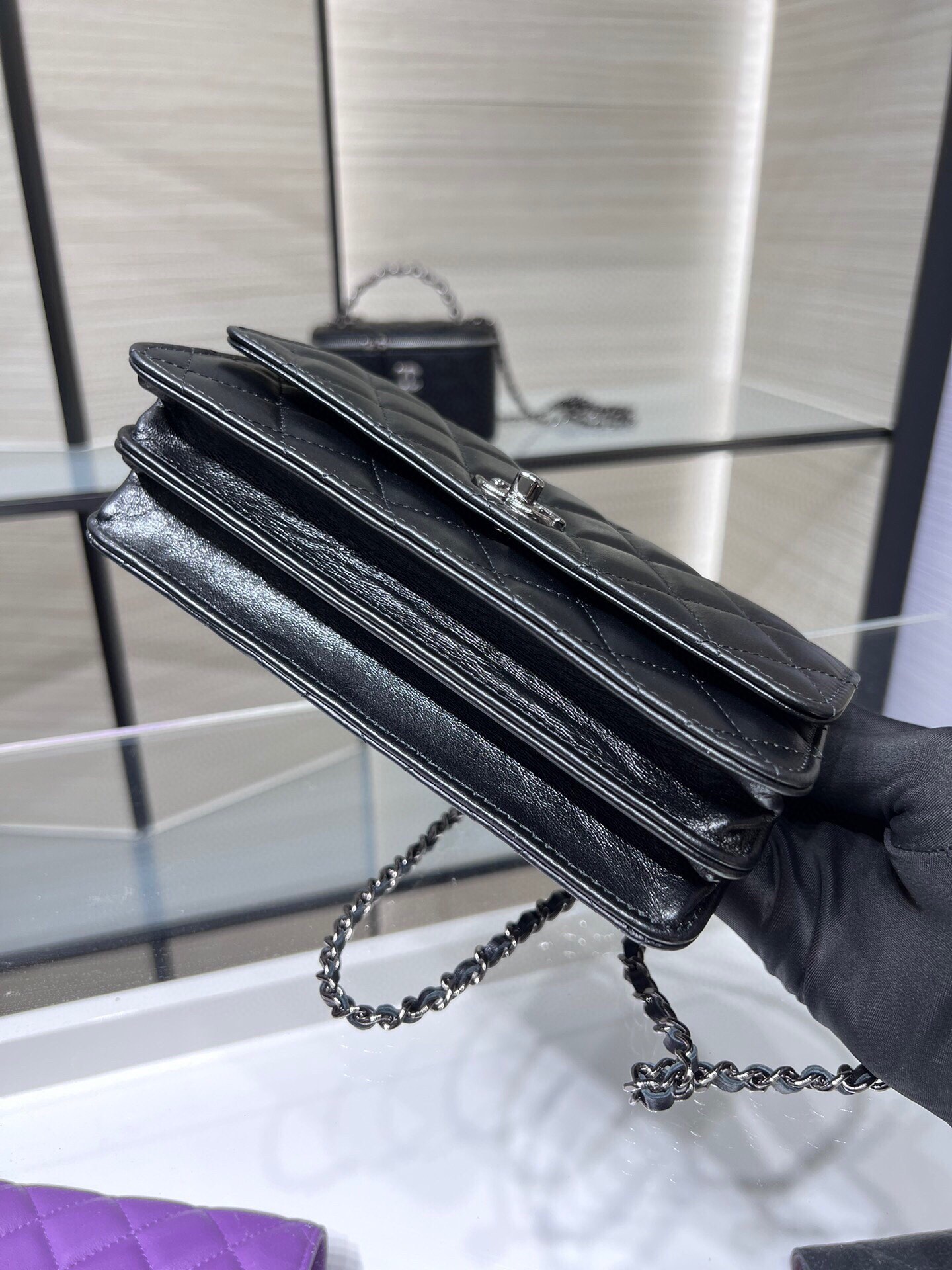 K新品辽色水钻手柄风琴包双层WOC水钻配牛皮AY尺寸:18.5116cm