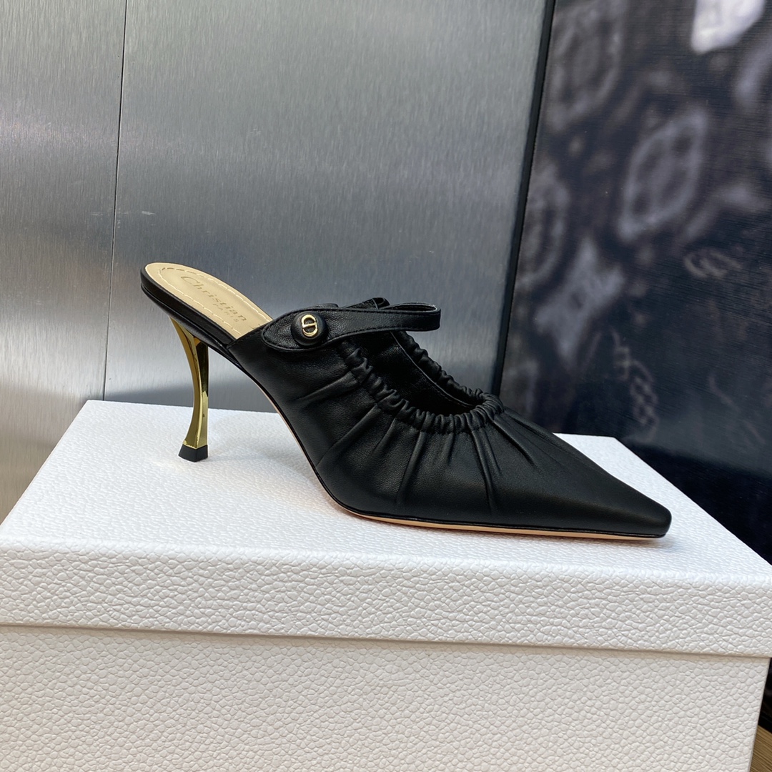 工厂价Dior迪奥2023新款D-Fame系列金属鞋跟女鞋明星同款方头穆勒拖鞋CD字母logo五金扣高跟